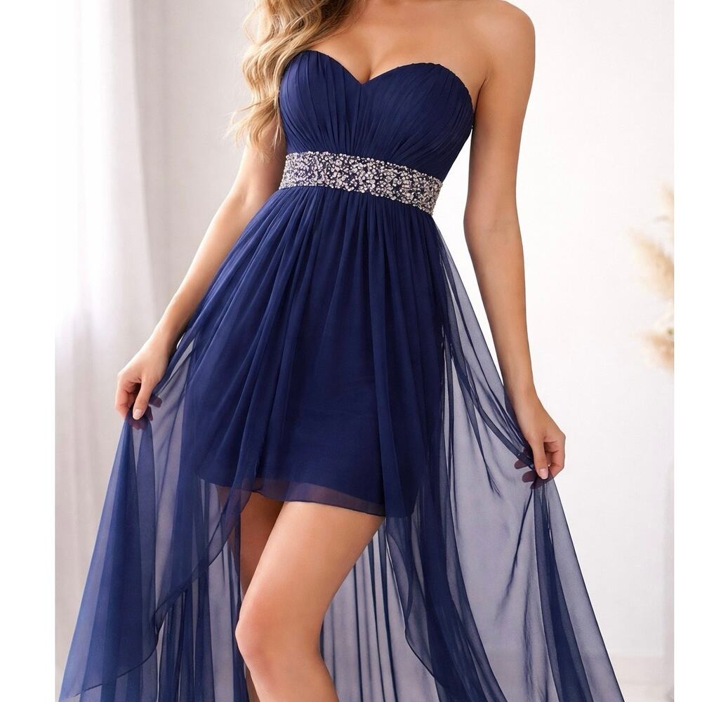 B. Darlin Navy Strapless Formal Gown Size 2 Beaded Waist Sheer Overlay Prom Gala